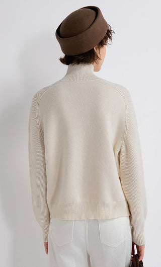 Ivory zip-up wool-cashmere cardigan, back view with ribbed hem and knit texture
