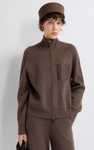 Coffee-brown zip-up wool-cashmere cardigan with stand collar and leather patch pocket