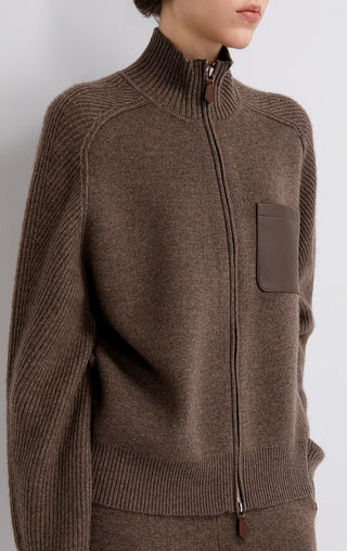 Coffee-brown zip knit cardigan with front leather patch pocket and ribbed stand collar