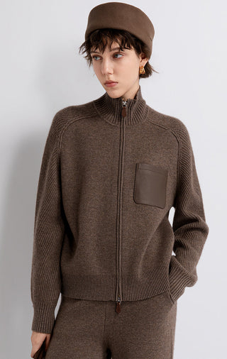 Coffee-brown wool-cashmere zip cardigan with stand collar and front leather patch pocket
