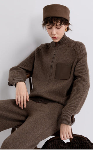 Coffee-brown zip-up knit cardigan with leather patch pocket, ribbed cuffs and hem
