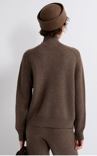 Coffee-brown zip-up wool-cashmere cardigan, back view with ribbed hem and cuffs