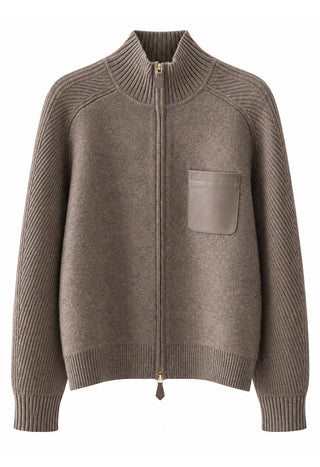 Wool-cashmere zip cardigan in dark brown with ribbed collar and leather chest pocket