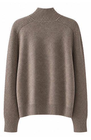 Wool-cashmere zip cardigan, dark brown knit, ribbed hem and sleeves
