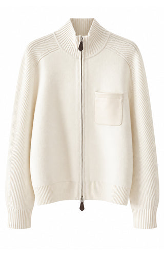 Wool-cashmere zip cardigan in ivory white with front leather pocket and ribbed cuffs