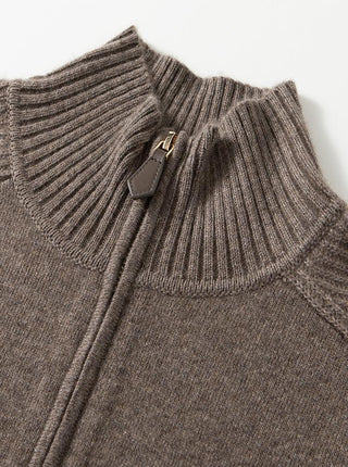 Wool-cashmere zip cardigan in dark brown, stand collar with metal zipper and leather pull