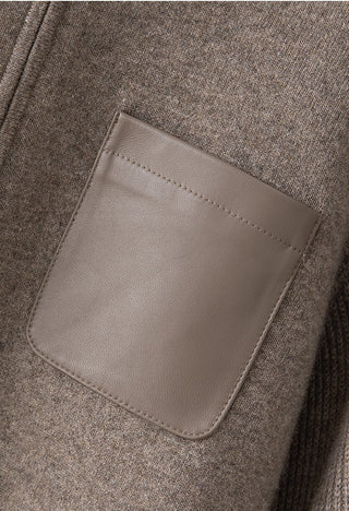 Wool-cashmere zip cardigan pocket: leather chest pocket on dark brown knit