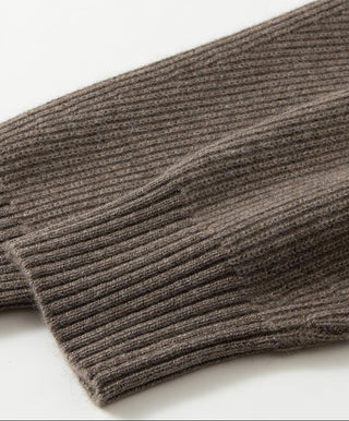 Ribbed cuff and knit texture of dark brown wool-cashmere zip cardigan sleeve