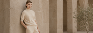 Women’s knitwear collection styled in a minimalist vintage stone architecture setting