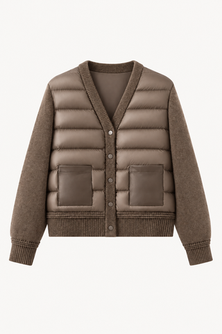 Front view of a taupe wool-cashmere cardigan with quilted down-filled front panels, ribbed trim, snap-button closure, and front patch pockets.