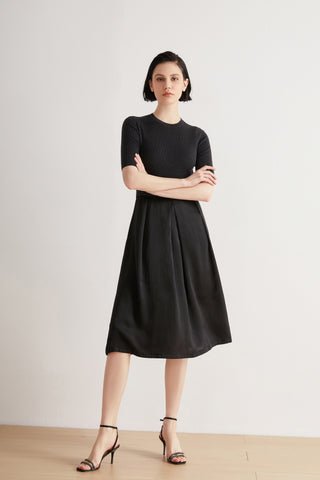 Black wool-silk short-sleeve midi dress with beaded waist detail and full skirt