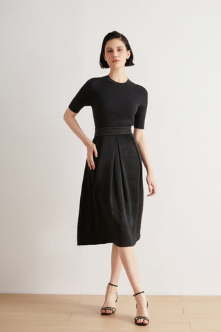 Black wool-silk short-sleeve midi dress with beaded waist detail and A-line skirt