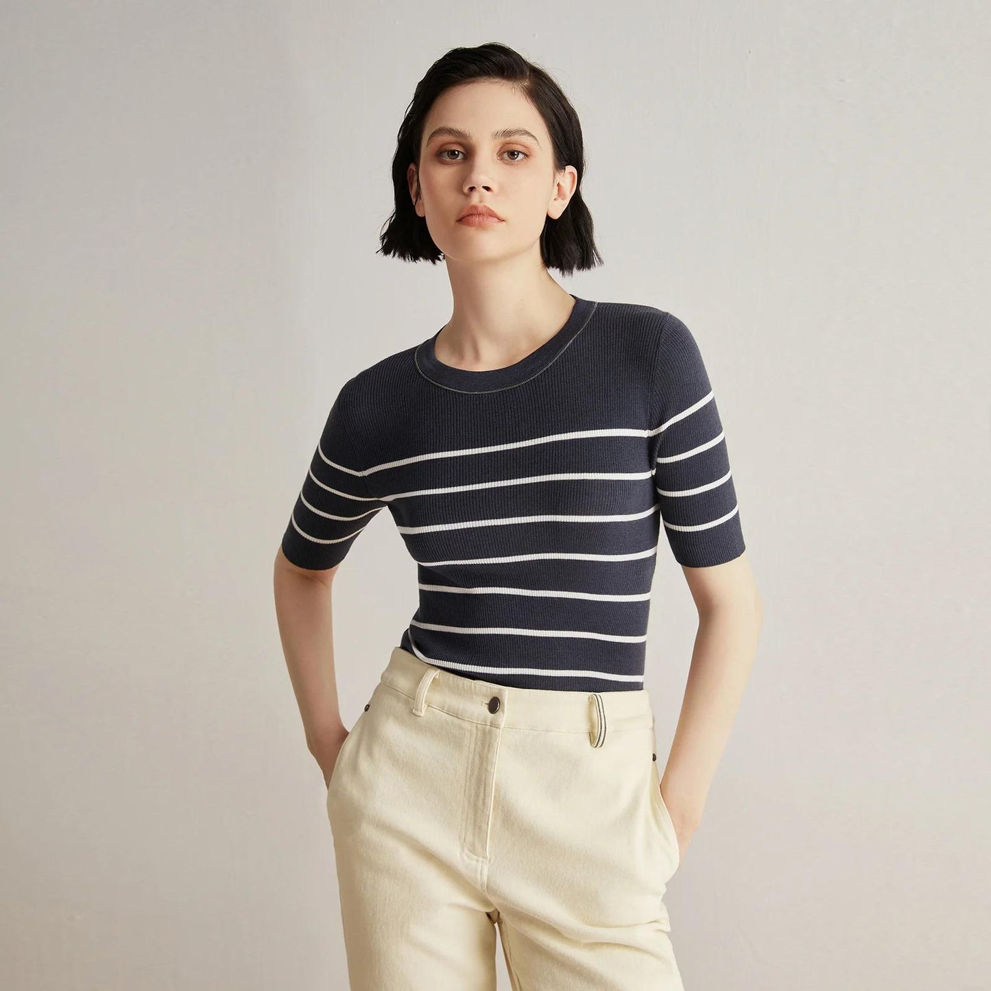 Summer Ladies Merino Wool & Silk Striped Top