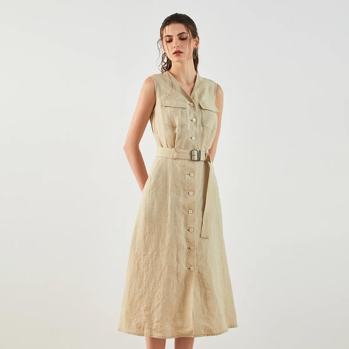 Women's Ramie Single-Breasted Long Dress