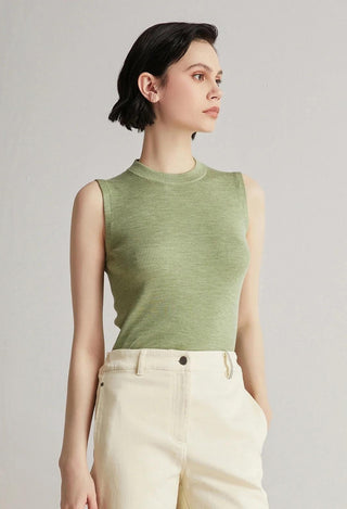 Green sleeveless tank top with high ribbed crew neck and slim fit