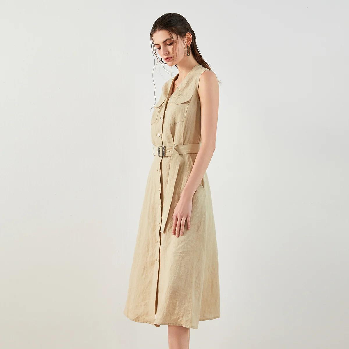 Women's Ramie Single-Breasted Long Dress