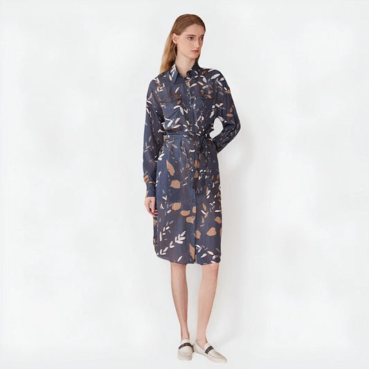 Women's 100% Silk Long-Sleeve Printed Turn-Down Collar Dress - K1704X