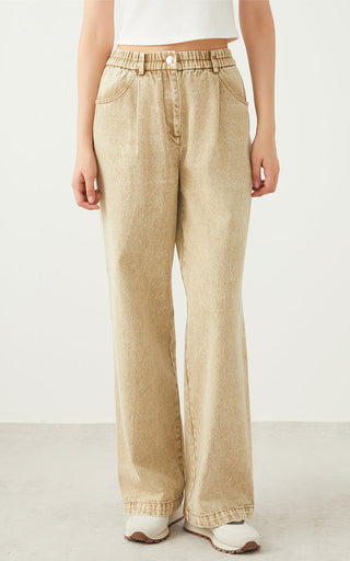 Camel cotton denim wide-leg pants, vintage wash, elastic waistband, button front