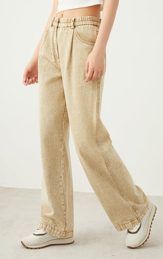 Camel denim wide-leg pants, vintage wash, elastic waist and hand pockets