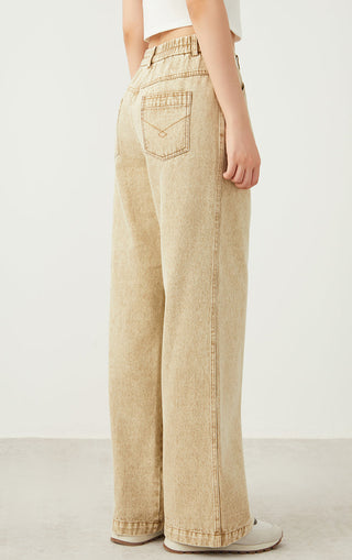 Camel denim wide-leg pants with vintage wash, back yoke and patch pocket