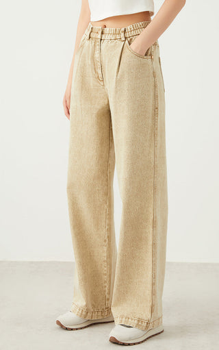 Camel wide-leg denim pants, vintage wash, side seam detail and front pockets