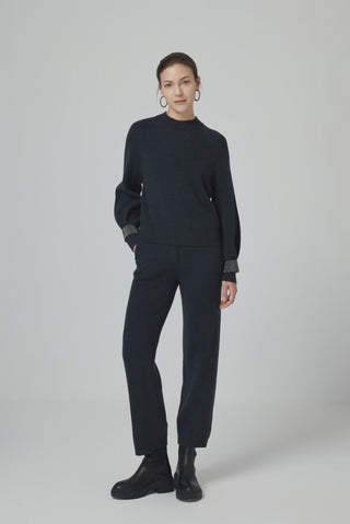 Wool Ribbed Knit Sweater with Bead Chain Cuffs - serathinan 