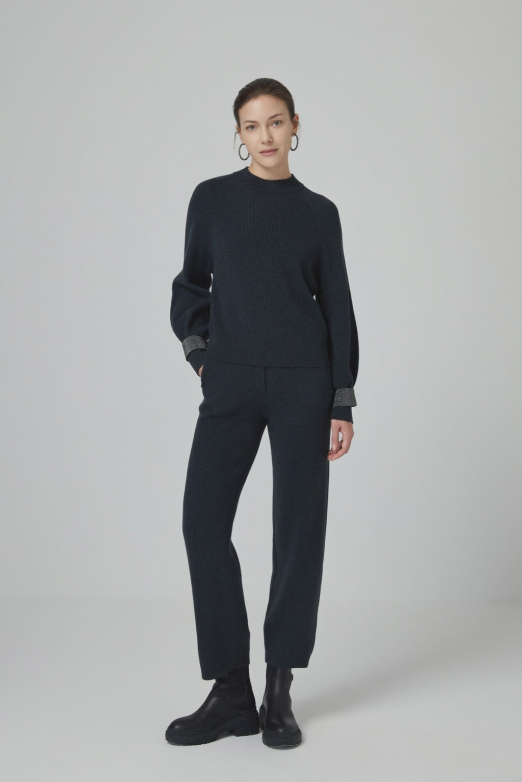 Wool Ribbed Knit Sweater with Bead Chain Cuffs - serathinan 