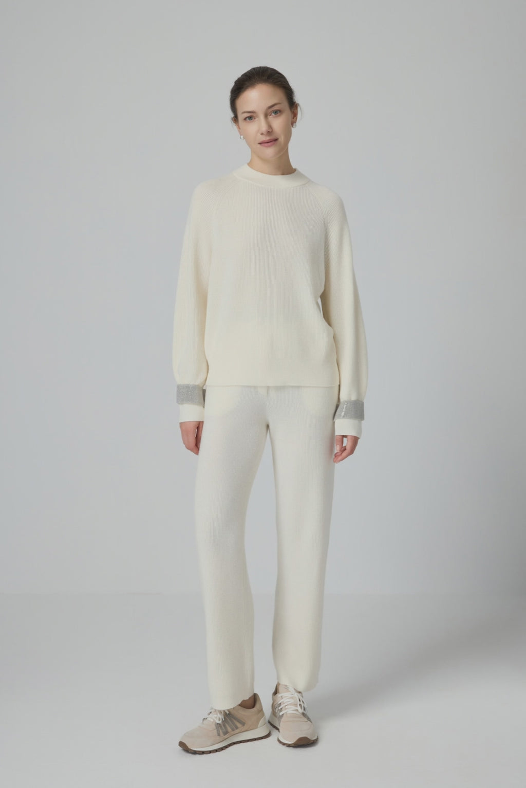 Wool Ribbed Knit Sweater with Bead Chain Cuffs - serathinan 