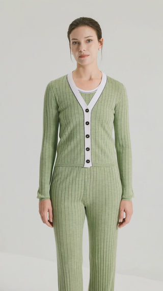 Wool Silk Ribbed Beaded V-Neck Cardigan - serathinan 