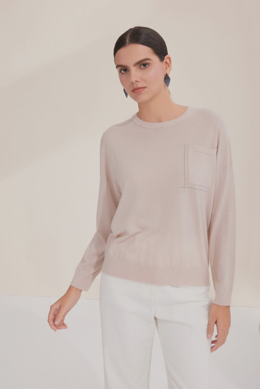 Wool Crewneck Knit with Silver Bead Line Detail - serathinan 