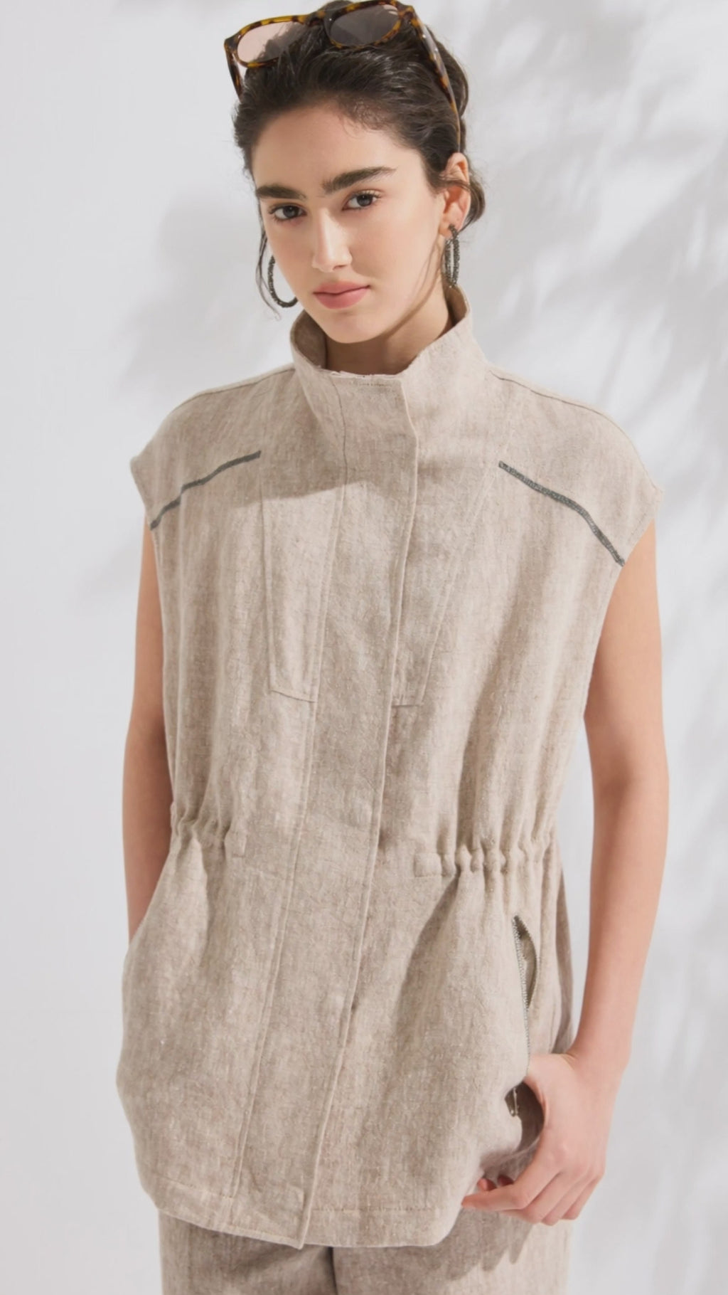 Sleeveless Linen Vest with Beaded Contrast Stitching - serathinan 