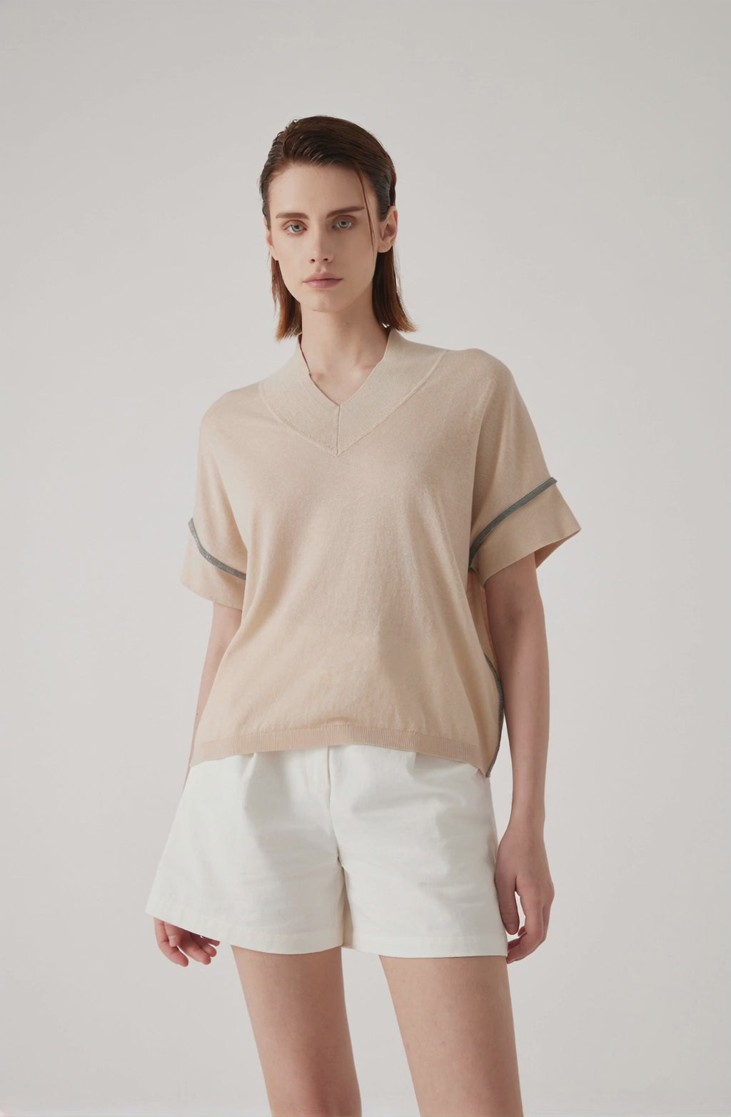Linen Blend Beaded-Seam V-Neck Knit Top - serathinan 