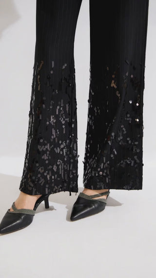 Fine Pinstripe Sequin-Detail Wide-Leg Tailored Pants - serathinan 