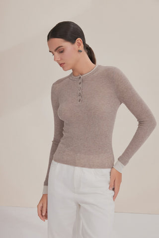 Fine Rib Wool-Blend Henley Top with Beaded Neckline - serathinan 