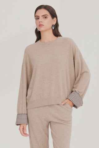 Cashmere Relaxed Knit Sweater with Checked Cuff Detail - serathinan 