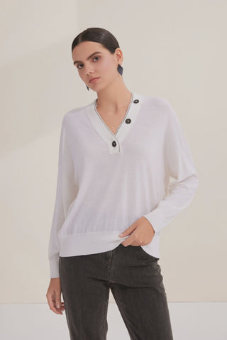 Wool V-Neck Button Pullover with Shimmered Trim - serathinan 