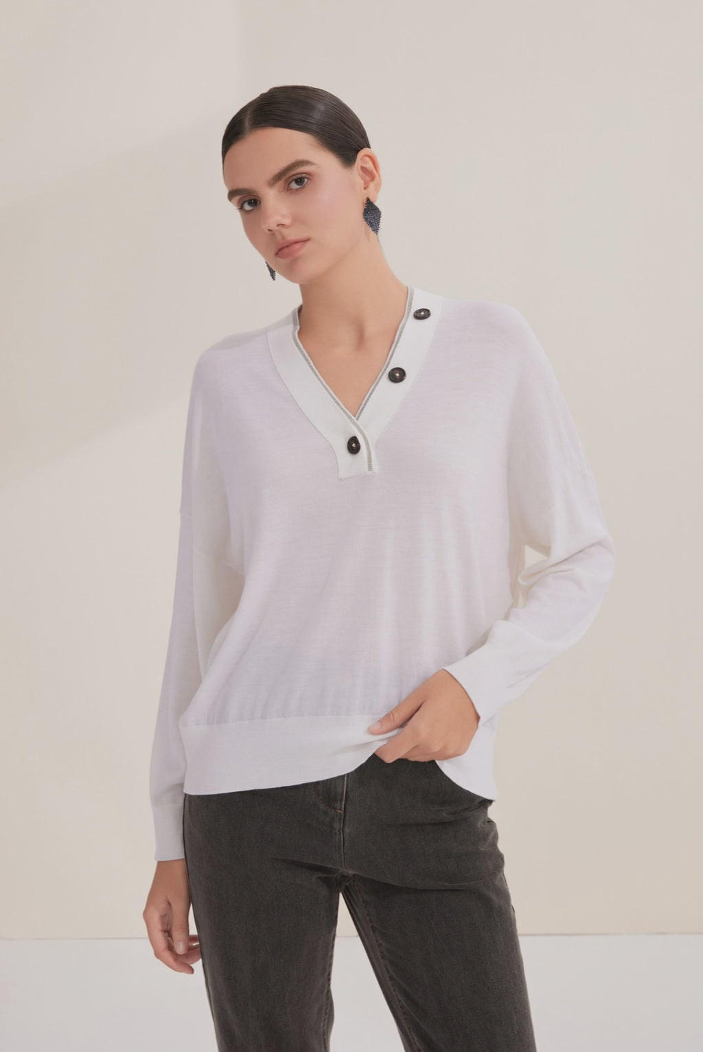 Wool V-Neck Button Pullover with Shimmered Trim - serathinan 