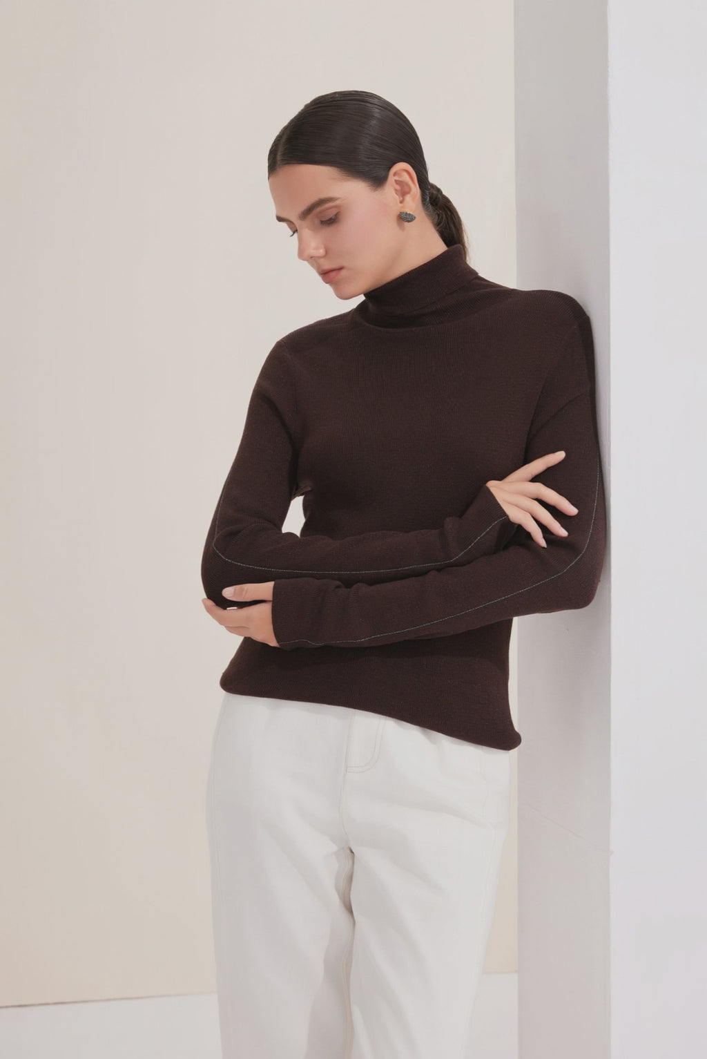 Wool Blend turtleneck Knit Sweater With Metallic Side Detail - serathinan 