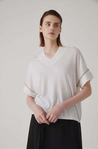 Linen Blend Beaded-Seam V-Neck Knit Top - serathinan 