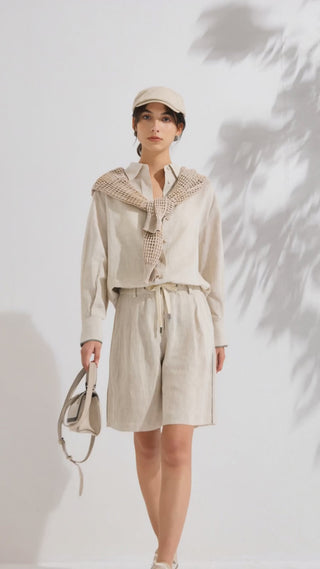 Relaxed Linen Shirt with Beaded Cuff Detail - serathinan 