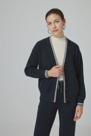 Wool V-Neck Cardigan with Contrast Trim - serathinan 