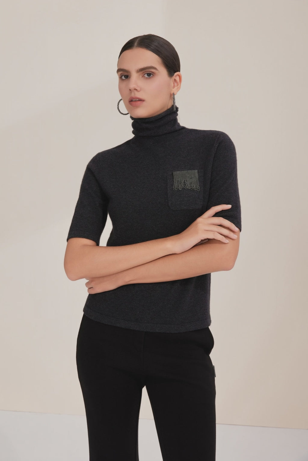 Cashmere Short-Sleeve Turtleneck Knit sweater with Refined Silver Bead Detail - serathinan 
