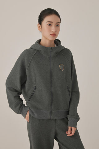 Cotton Stretch Zip-Up Hoodie with Beaded Crest Badge - serathinan 
