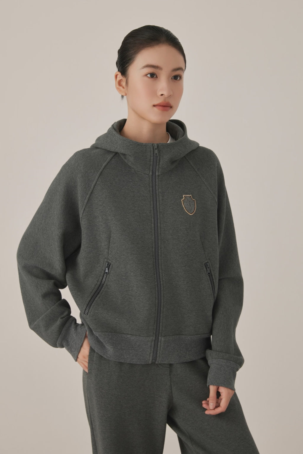 Cotton Stretch Zip-Up Hoodie with Beaded Crest Badge - serathinan 