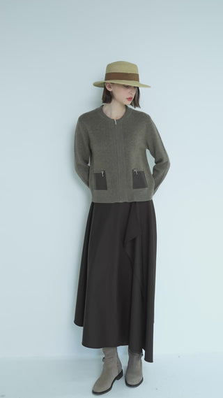 Wool Cashmere Zip Cardigan with Sheepskin Pocket Trim - serathinan 