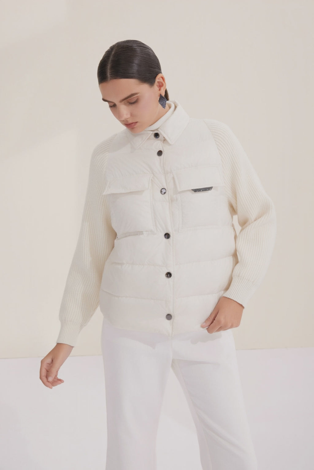 Wool Panel Women's Down Shirt Jacket - serathinan 