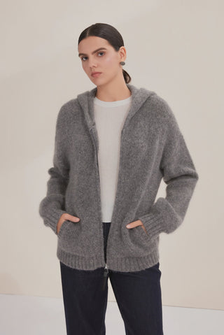 Cashmere-Blend Hooded Coat with shiny zipper - serathinan 