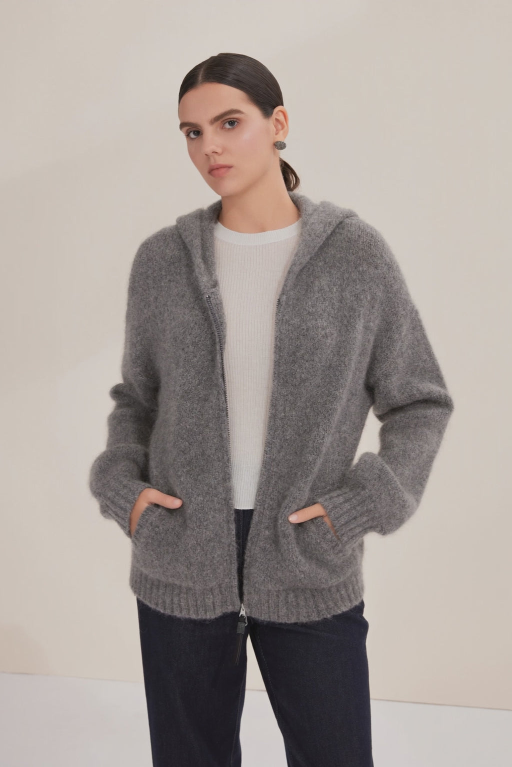 Cashmere-Blend Hooded Coat with shiny zipper - serathinan 