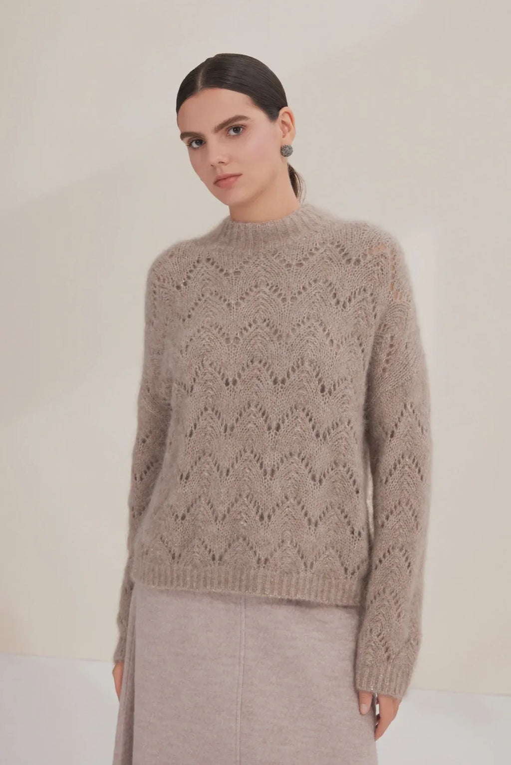 Cashmere Alpaca Mohair Sequin Openwork Knit Sweater - serathinan 