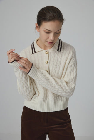 Wool Cable Knit Polo Sweater - serathinan 